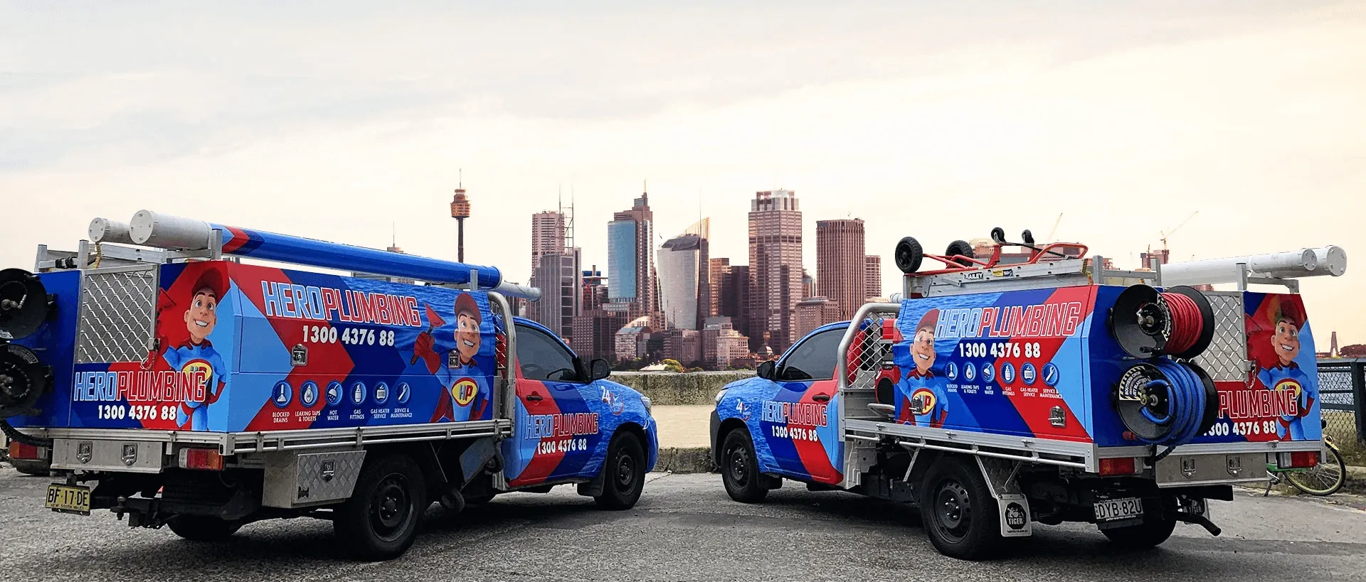 two fully equipped Hero Plumbing trucks in Sydney